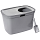 Graue Katzenstreu-Box mit einem perforierten Deckel und einem schwarzen Innenraum, begleitet von einer passenden Schaufel.