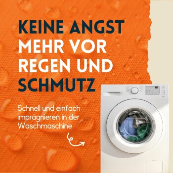 Waschmaschine mit bunter Wäsche auf orangefarbenem Hintergrund, mit Text über einfache Wasserfestigkeit in der Waschmaschine.