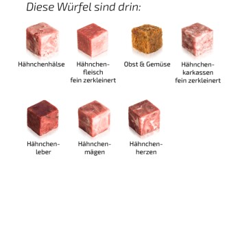 Würfel aus Hühnerhälsen, fein gehacktem Hühnerfleisch, Obst & Gemüse, fein gehackten Hühnerkarkassen, Leber, Mägen und Herzen.