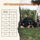 Eine Tüte Wildfang-Tierfutter mit einem Wolf-Logo, beschriftet "WILD mit Süßkartoffel & Heidelbeere," zeigt Fleisch, Süßkartoffeln und Heidelbeeren.