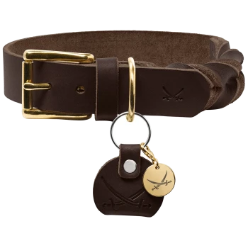 Braunes Leder-Haustierhalsband mit einer goldenen Schnalle und einem dekorativen geflochtenen Design, mit einem Anhänger mit gekreuzten Schwertern.