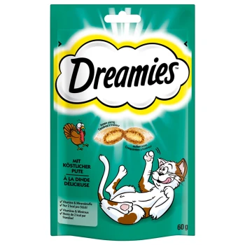 Dreamies Katzenleckerlipaket mit einer verspielten Katze und einer Truthahnillustration, beschriftet mit "Mit köstlicher Pute" und "60 g."