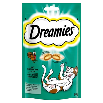 Emballage de friandises pour chats Dreamies présentant un chat joueur et une illustration de dinde, étiqueté "Mit köstlicher Pute" et "60 g."