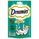 Emballage de friandises pour chats Dreamies présentant un chat joueur et une illustration de dinde, étiqueté "Mit köstlicher Pute" et "60 g."