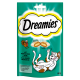 Dreamies katten traktaties verpakking met een speelse kat en een kalkoenillustratie, gelabeld 'Mit köstlicher Pute' en '60 g.'