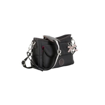 Schwarze Haustiertragetasche mit verstellbarem Riemen, mit mehreren Taschen und einem dekorativen Bogen.