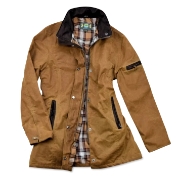Braune gewachste Baumwolljacke mit schwarzem Kragen und kariertem Futter, mit Reißverschluss- und Druckknöpfen sowie Reißverschlusstaschen.
