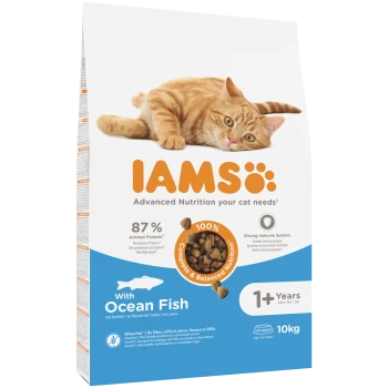 IAMS-Katzenfutterbeutel mit orange getigerter Katze, Geschmacksrichtung Ocean Fish, 87% tierisches Protein, ab 1 Jahr, 10 kg.