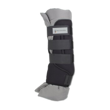 Ein gepolsterter Pferdebeinschutz in Schwarz und Grau mit verstellbaren Riemen, beschriftet mit "WALDHAUSEN", entworfen zum Schutz und zur Unterstützung.