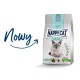 Torba z karmą dla kotów Happy Cat Sensitive z białym kotem o niebieskich oczach, oznaczona dla kotów powyżej 1 roku, promująca zdrowie układu pokarmowego.