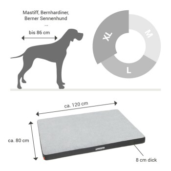 Hundematratze von Doctor Bark, waschbar bis 95°C, trocknergeeignet, mit Text, der Sauberkeit und Pflegeleichtigkeit hervorhebt.