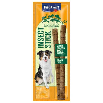 Vitakraft Insect Stick Verpackung mit zwei Insektenprotein-Sticks, beschriftet mit 'Getreidefrei' und 'Mono-Protein 100% Insekten', mit einem Hundebild.