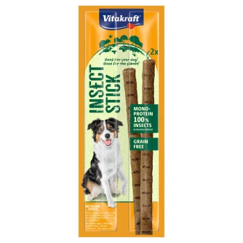 Vitakraft Insect Stick Verpackung mit zwei Insektenprotein-Sticks, beschriftet mit 'Getreidefrei' und 'Mono-Protein 100% Insekten', mit einem Hundebild.