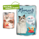 Zwei Haustierfutterbeutel: links mit der Aufschrift "Moments Love You" mit Katzenbild und "Thunfisch mit Garnelen", rechts "Moments to enjoy" mit "QUALITÄT FILET."