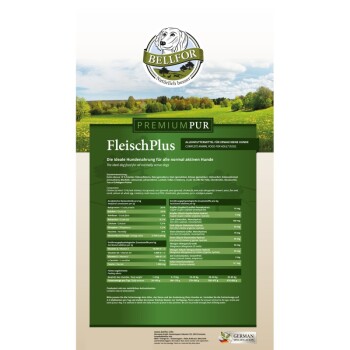Bellfor Premium Pur FleischPlus Hundefutterverpackung mit Nährwertangaben, Zutaten und dem Slogan für aktive Hunde.