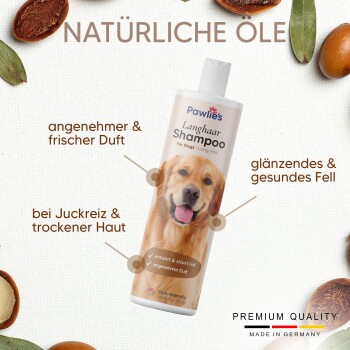 Shampoo für Hunde mit langem und lockigem Fell, mit einer Hand, die das Produkt hält, und Bildern verschiedener Hunderassen.