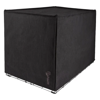 Schwarze Haustierkäfigabdeckung mit einem eleganten Design, ausgestattet mit einem Drahtgestell und dem Logo "DISTRICT 70" an der Seite.