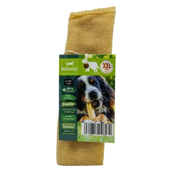 Hundekauartikel in XXL-Größe, 100 % natürlich, fördert Stressabbau und Zahnpflege, mit einem glücklichen Hundebild auf der Verpackung.