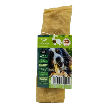 Hundekauartikel in XXL-Größe, 100 % natürlich, fördert Stressabbau und Zahnpflege, mit einem glücklichen Hundebild auf der Verpackung.