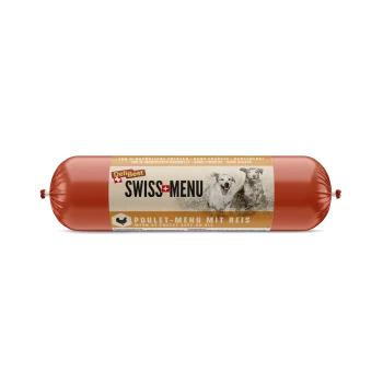 Rote zylindrische DeliBest Swiss Menu Hundefutterverpackung, mit zwei Hunden, gekennzeichnet als glutenfreies Huhn mit Reis, 100% natürlich.