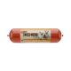 Emballage de nourriture pour chiens DeliBest Swiss Menu rouge cylindrique, présentant deux chiens, étiqueté comme poulet sans gluten avec riz, 100% naturel.