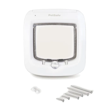 Porte pour animaux de compagnie PetSafe blanche avec un clapet transparent et des vis d'installation, conçue pour un accès facile pour les animaux.