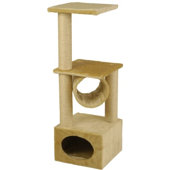 Un arbre à chat beige avec deux plateformes, un poteau à gratter, et un coin douillet à la base, conçu pour le jeu et le repos des félins.