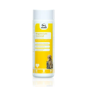 Magnesium-Gluconat Nahrungsergänzungsmittel für Haustiere, mit einem gelben Etikett, das einen Hund und eine Katze zeigt, und die Unterstützung von Stress und Muskeln hervorhebt.