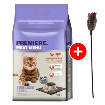 Sterilised 4kg mit Gratis Katzenangel Katzenfutterbeutel mit der Aufschrift "Premiere Meat Menu" und einer getigerten Katze auf der Vorderseite, mit den Angaben "51% Fleisch" und "Sterilised Adult", plus einem Spielzeug.
