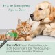Eine flauschige orangefarbene Katze liegt neben einem Hund, mit einer Lupe auf einem grünen Verdauungssystem. Text: "80% des Immunsystems liegen im Darm."