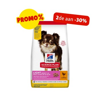 Hill's Science Plan Light hondenvoer (small & mini), kip, chihuahua; PROMO%-badge en rode banner '2de aan -30%'.