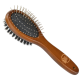 Wooden pet grooming brush with metal bristles and a black rubber base, featuring the text "TAKE CARE" on the handle.
