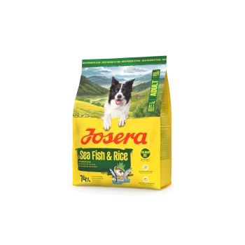 Gelber Josera-Hundefuttersack 'Sea Fish & Rice' mit einem Border Collie; Schriftzüge 'Adult', 'All Sizes', 'Salmon Oil'.