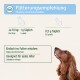 Bild zeigt einen Hund mit einem Fütterungsempfehlungsschema. Der Text enthält die tägliche Dosierung pro Gewicht, Mischanweisungen und Eignung für alle Altersgruppen.
