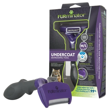 Purple FURminator undercoat deShedding tool and retail box showing "FURminator" and "UNDERCOAT deSHEDDING TOOL" text