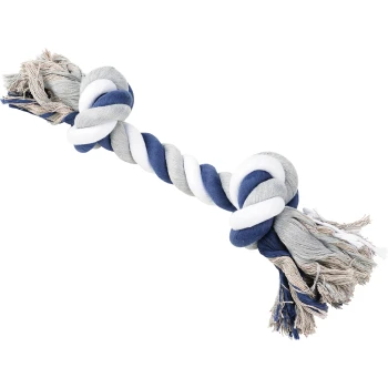 Ein haltbares, mehrfarbiges Hundeseilspielzeug mit verdrehten Strängen in Grautönen, Weiß und Marineblau, mit ausgefransten Enden für zusätzliche Textur.