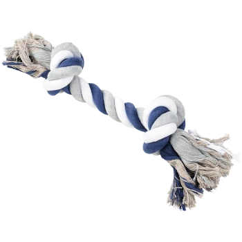 Un jouet en corde pour chien durable et multicolore présentant des brins torsadés dans des nuances de gris, blanc et bleu marine, avec des extrémités effilochées pour une texture supplémentaire.