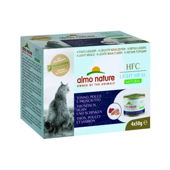 Almo Nature HFC Light Meal Haustierfutterverpackung mit einer Katzensilhouette, mit Text in mehreren Sprachen, einschließlich "4 leichte Mahlzeiten" und "natürlich."