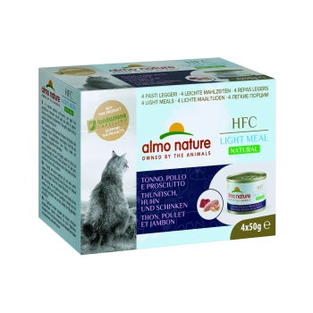 Almo Nature HFC Light Meal Haustierfutterverpackung mit einer Katzensilhouette, mit Text in mehreren Sprachen, einschließlich "4 leichte Mahlzeiten" und "natürlich."