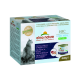 Almo Nature HFC Light Meal Haustierfutterverpackung mit einer Katzensilhouette, mit Text in mehreren Sprachen, einschließlich "4 leichte Mahlzeiten" und "natürlich."