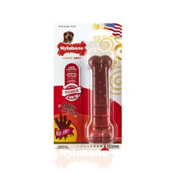 Nylabone Power Chew dog toy in beef jerky flavor, designed for dogs up to 35 lbs, featuring long-lasting chew satisfaction.