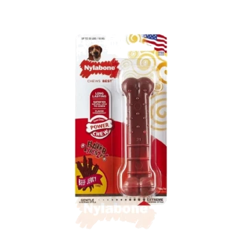 Nylabone Power Chew dog toy in beef jerky flavor, designed for dogs up to 35 lbs, featuring long-lasting chew satisfaction.