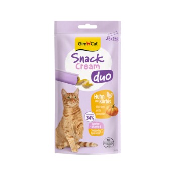 GimCat 'Snack Cream duo' Katzenleckerei-Tasche, Huhn mit Kürbisgeschmack, violette Verpackung mit orange getigerter Katze, '6x15g'.
