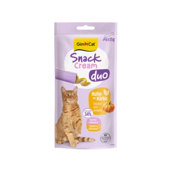 GimCat 'Snack Cream duo' Katzenleckerei-Tasche, Huhn mit Kürbisgeschmack, violette Verpackung mit orange getigerter Katze, '6x15g'.