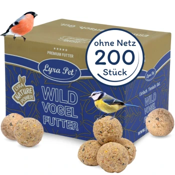 Eine Box mit Lyra Pet Wildvogel-Futter, die zwei Vögel zeigt, einen Buchfink und eine Blaumeise, mit 200 Futterbällen, die vorne ausgestellt sind.