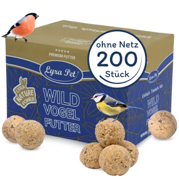 Eine Box mit Lyra Pet Wildvogel-Futter, die zwei Vögel zeigt, einen Buchfink und eine Blaumeise, mit 200 Futterbällen, die vorne ausgestellt sind.