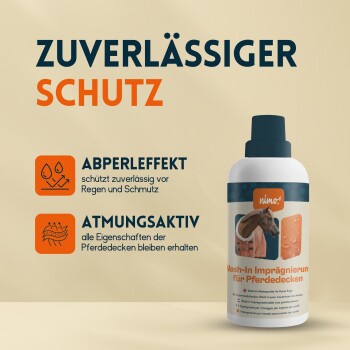 Flasche "Wash-In Imprägnierung für Pferdedecken", die Regen- und Schmutzschutz mit Symbolen für Wasserdichtigkeit und Atmungsaktivität zeigt.