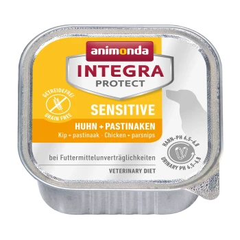 Silberne Dose Animonda Integra Protect Sensitive Hundefutter mit gelbem Etikett, das "Huhn + Pastinaken" und "Getreidefrei" angibt.