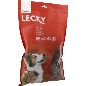 Emballage rouge pour les friandises pour chiens Lecky Mini Flips avec un chien souriant, étiqueté "100% Naturel", avec les ingrédients listés en plusieurs langues.