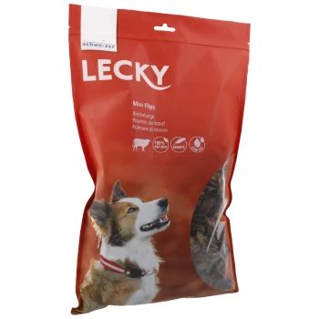 Rote Verpackung für Lecky Mini Flips Hundeleckerlis mit einem lächelnden Hund, beschriftet mit "100% Natürlich", mit Zutaten in mehreren Sprachen.